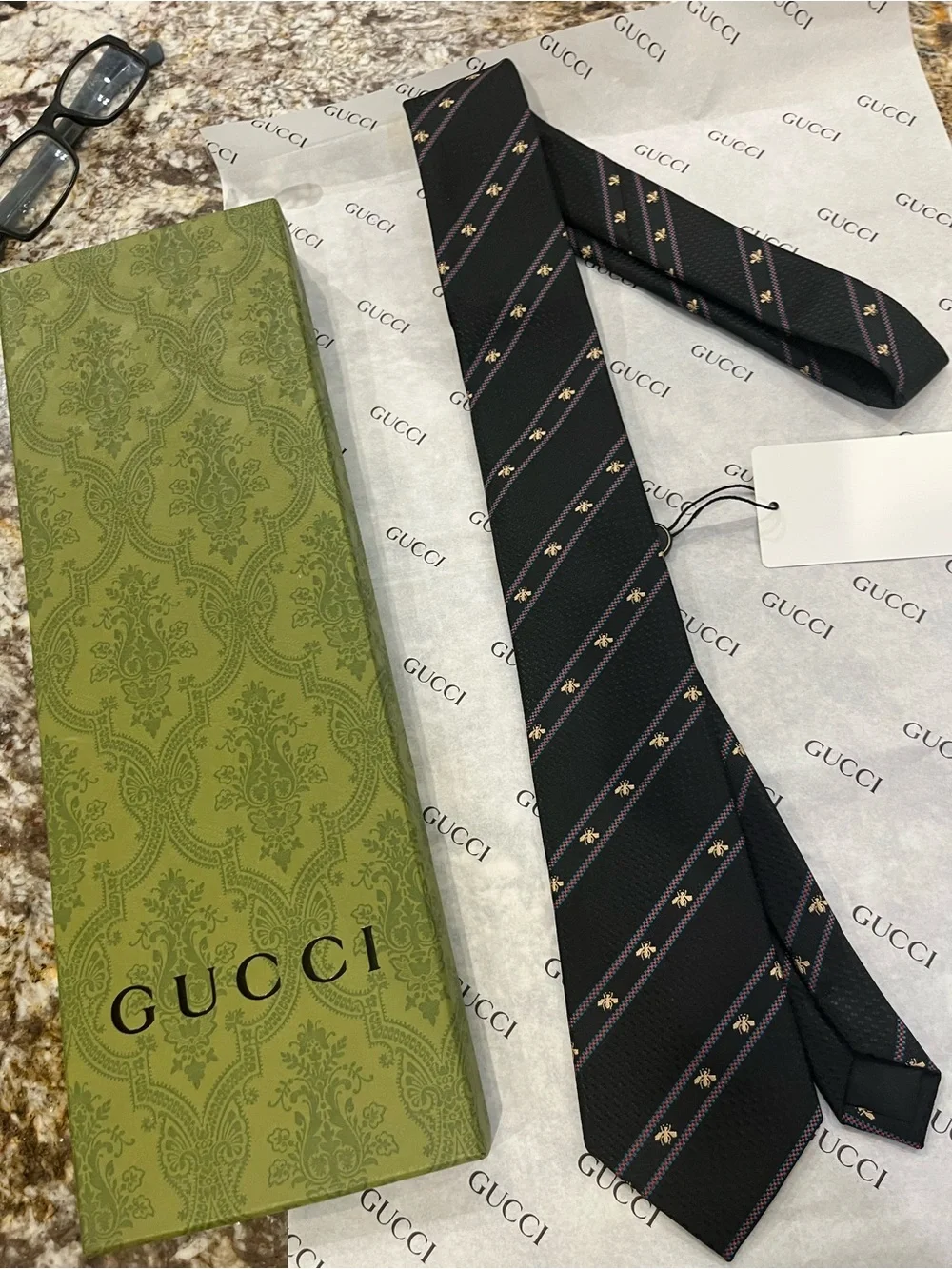 Gucci Black Silk Diagonal Stripe Tie with Pink and Gold Bee Motifs